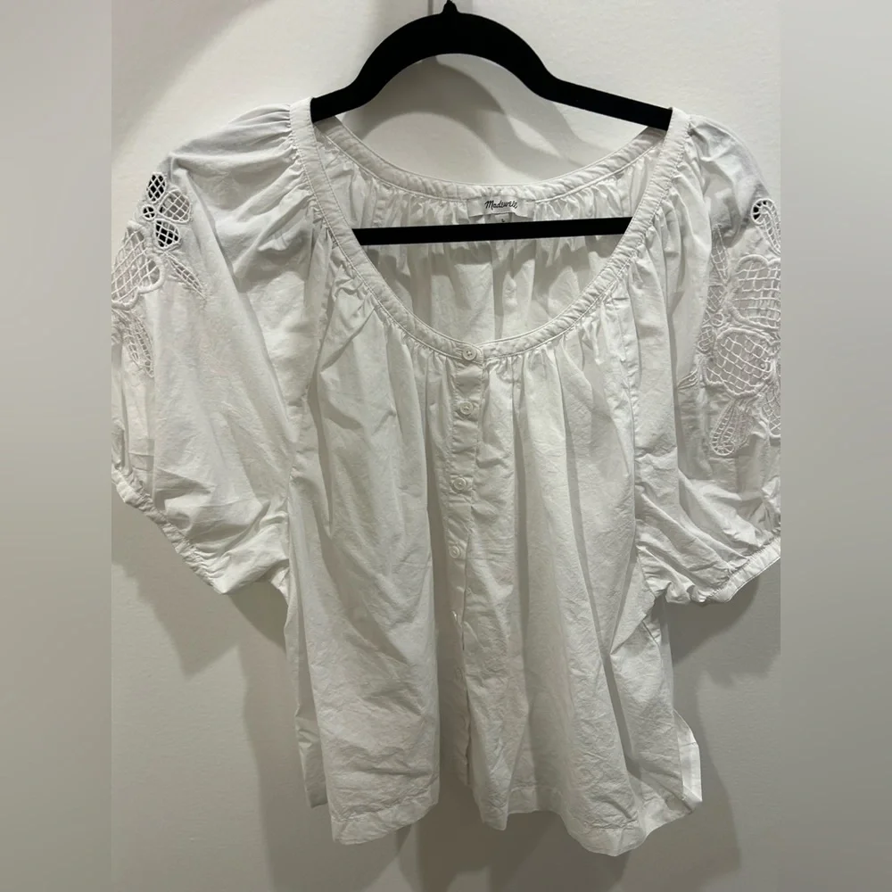 Madewell Embroidered Puff-Sleeve A-Line Top | White | Size L